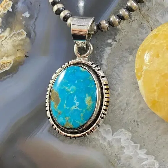 Native American Sterling Silver Blue Ridge Turquoise Oval Pendant For Women - Picture 5 of 10